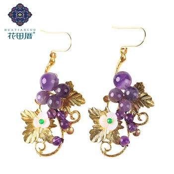 

Purple Crystal Bead Copper Irregular Leaves Ethnic Dangle Earring White Shell Flower Green Stone Bead Woman Jewelry EZ-18048