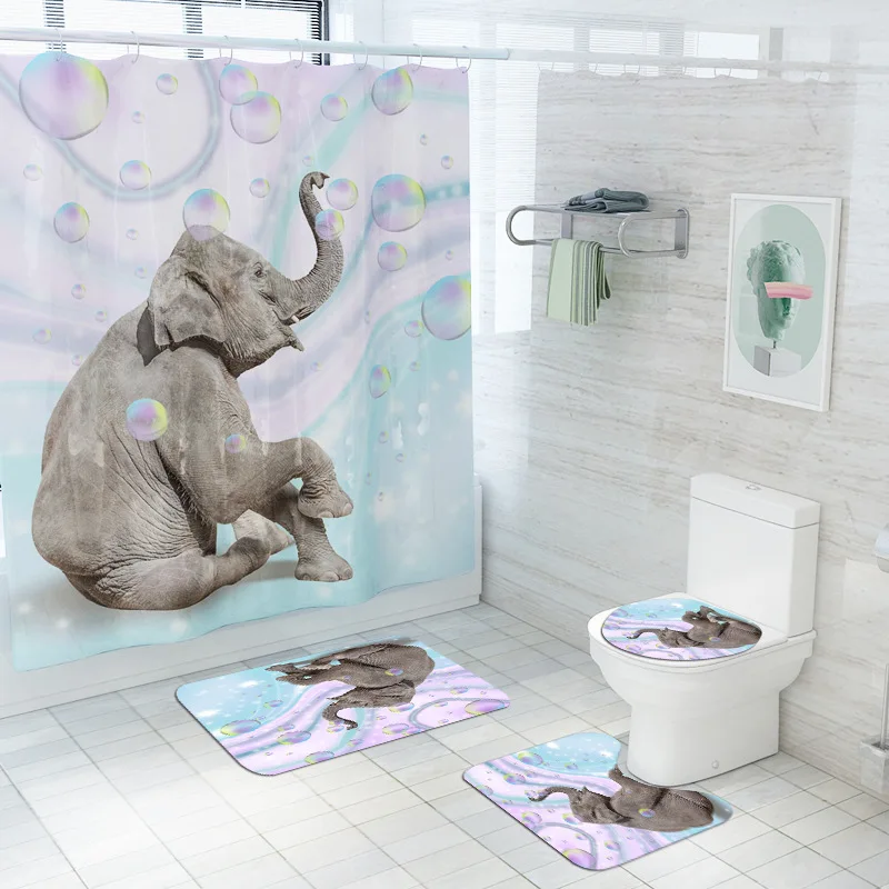 Fantasy Bubble Funny Elephant Fabric Bathroom Shower Curtain Cute Cartoon Animals Non-Slip Rugs Toilet Lid Cover and Bath Mat | Дом и сад