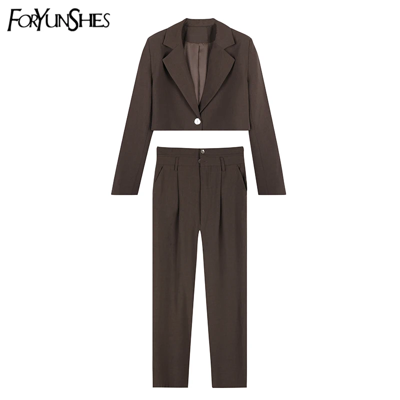 FORYUNSHES 2 Pieces Set Women Blazers Suits 2020 Autumn Korean Style Solid Chic Short Blazer + Suit Pant Female Casual Suits