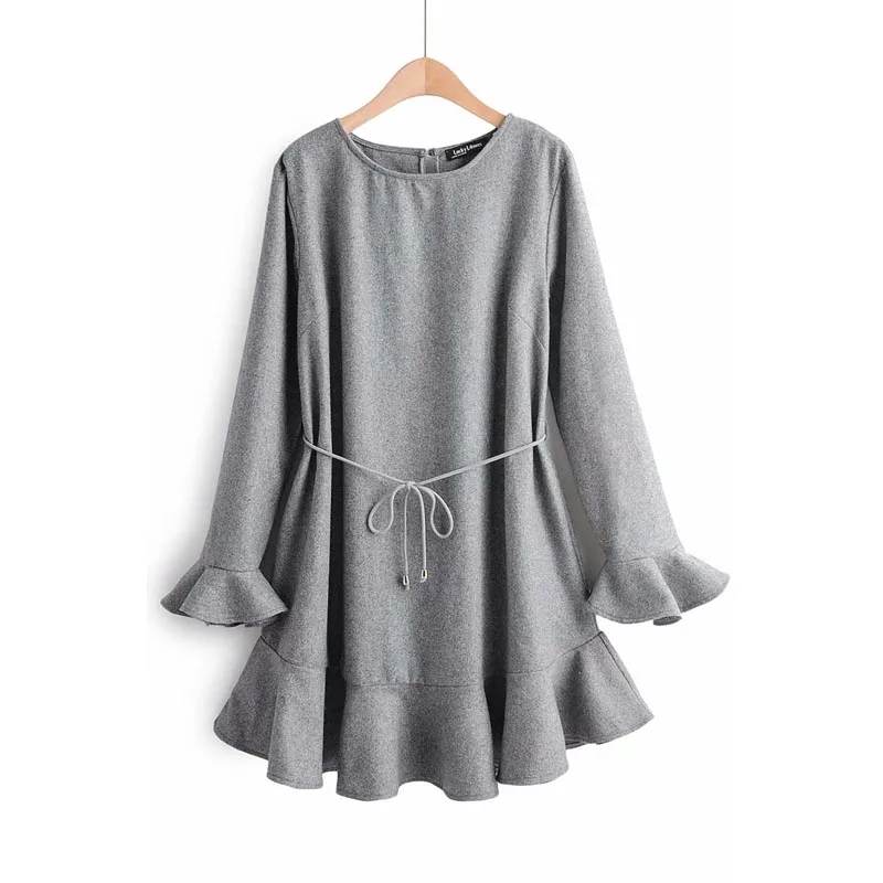 

QZ294 New Autumn European Design O Neck Flare Sleeve Ruffles Sweep Gray Color Elegant Dress Match All Vestidos