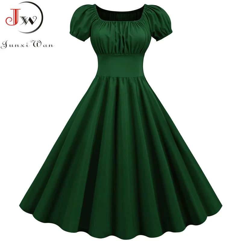 Women Vintage Dress Robe Femme Summer Puff Sleeve Square Collar Solid Red Color Elegant Party Plus Size Casual Office Midi Dress