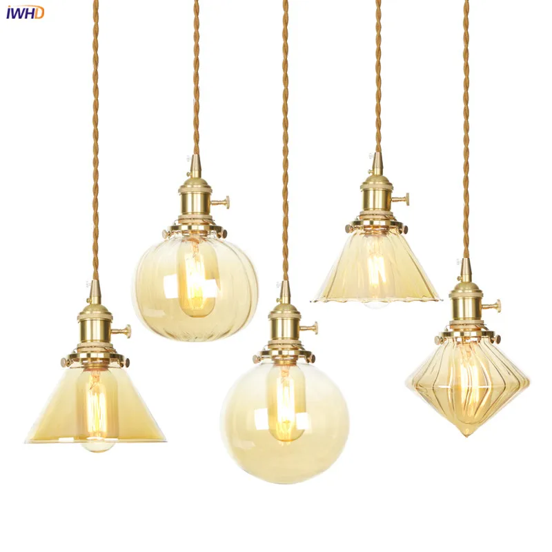

IWHD Nordic Modern Amber Glass Pendant Lamp Switch Bedroom Dinning Living Room Light Japan Copper Hanging Lights Hanglampen LED