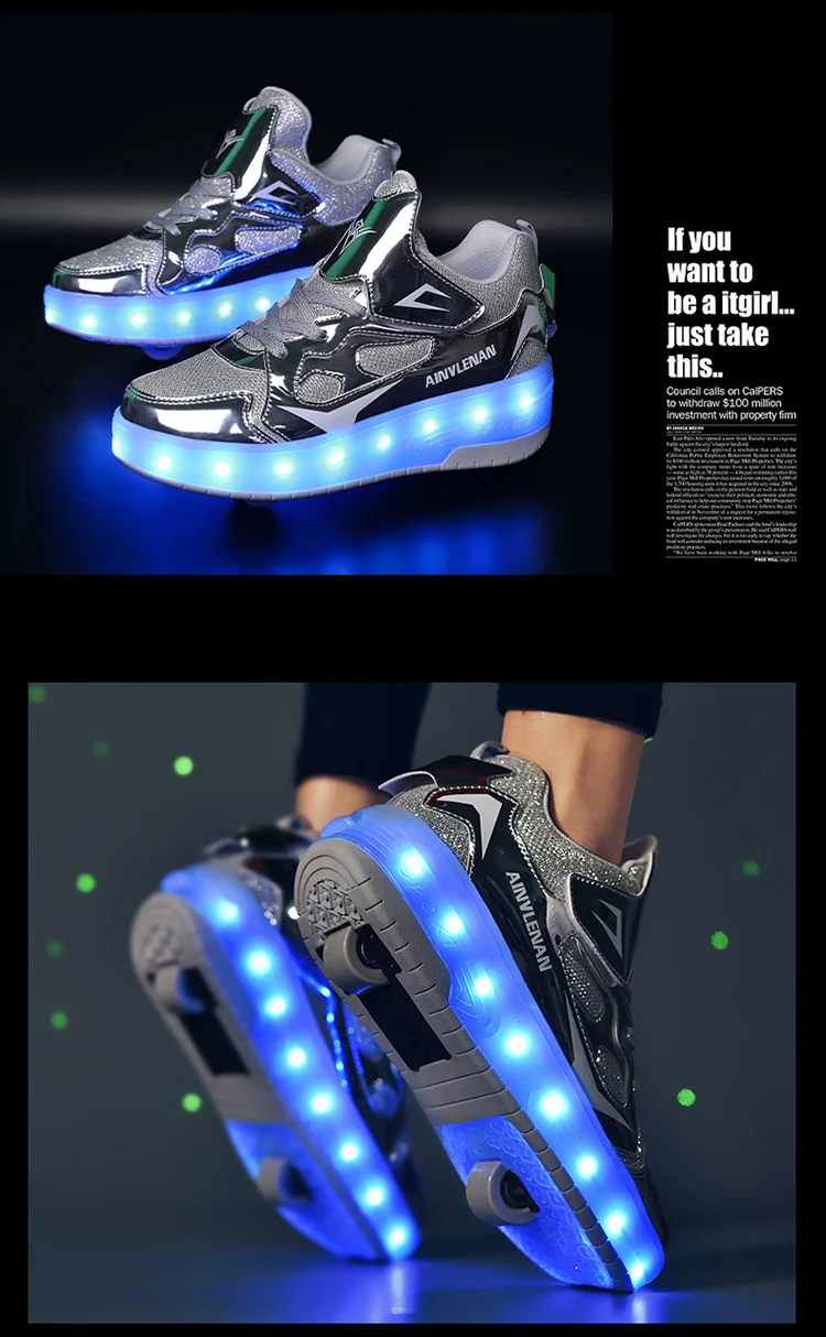 Children Two Wheels Luminous Glowing Sneakers Black Pink Red Led Light Roller Skate Shoes Kids Led Shoes Boys Girls USB Charging girls shoes