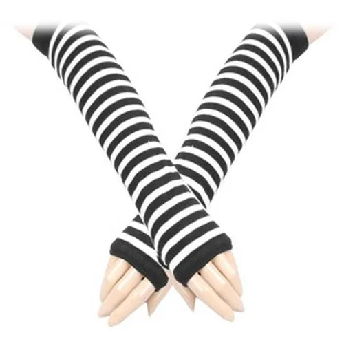 Пара белых черных полос акриловые перчатки без пальцев для женщин