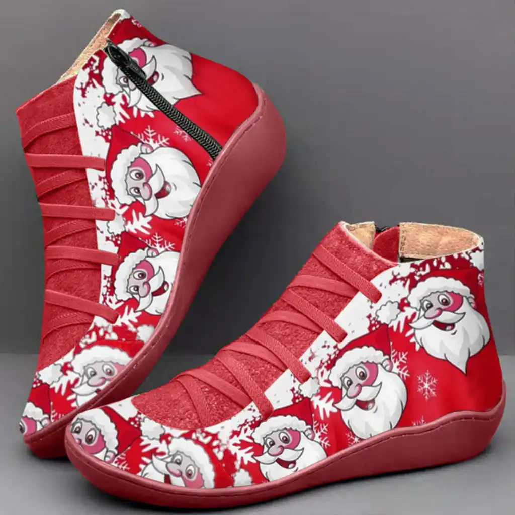 Santa Old Man Print Cross Line Side Zipper Shoe Womens Fashion