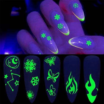 

Christmas Party Nail Sticker Creative Luminous Fire/Snow/Butterfly Festive Glow Halloween Nail Art Sticker Set