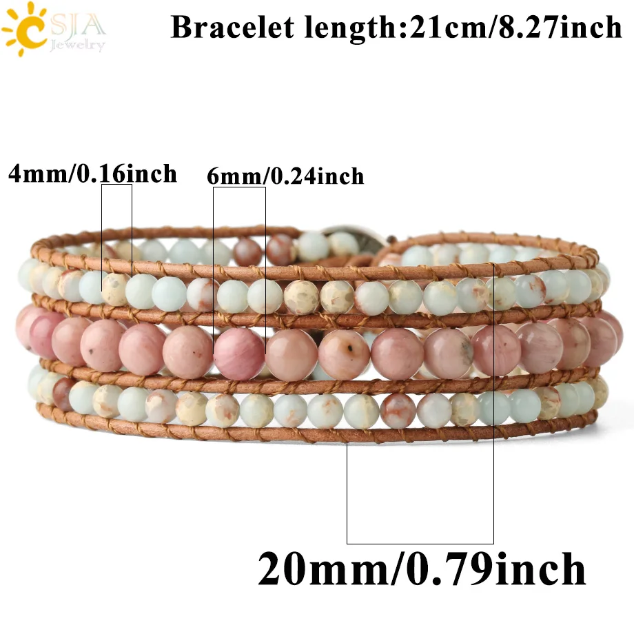 CSJA Braided Bracelets Natural Stone Leather Wrap Bracelet Round Beads Line Rhodonite Women Bohemian Handmade Woven Jewelry S565