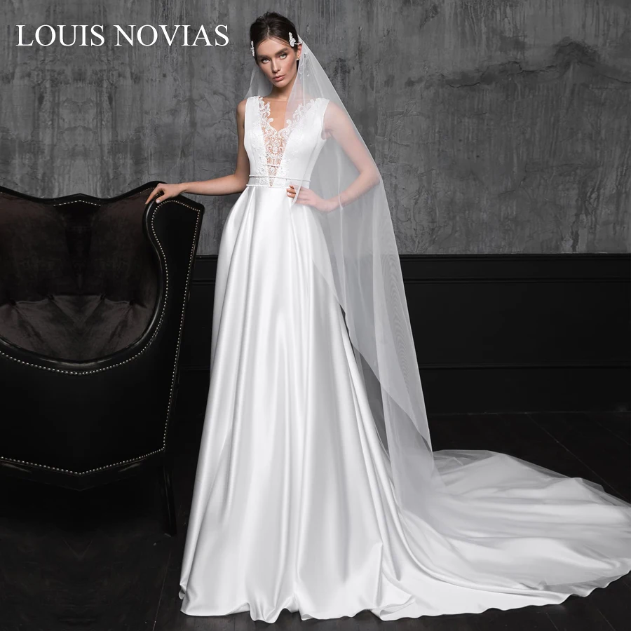 

Новое сексуальное свадебное платье Louis Novias с глубоким V-образным вырезом и длинными рукавами, кружевное винтажное мягкое атласное изысканное платье с вышивкой