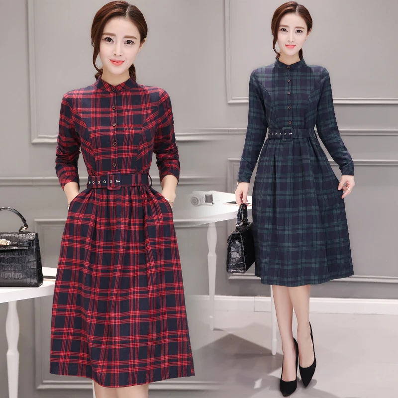 

2019 Autumn Winter Plus Size Red Plaid Cotton Midi Dresses Women Elegant Korean Bodycon tshirt Dress Party Long Sleeve Vestidos