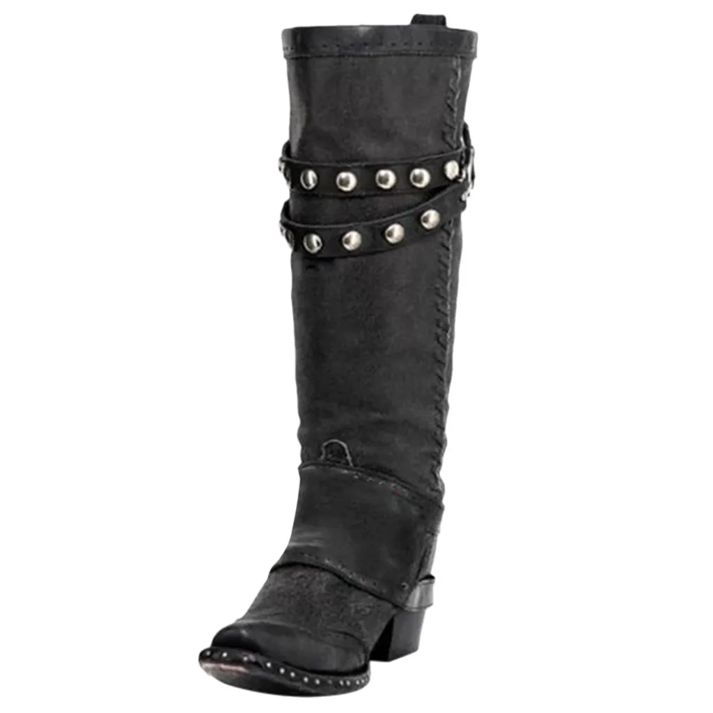 Г. Весна-зима, новые женские стильные сапоги до колена ботинки в ковбойском стиле на низком каблуке, ковбойские ботинки без шнуровки, байкерские сапоги женская обувь,# O17 - Цвет: Черный