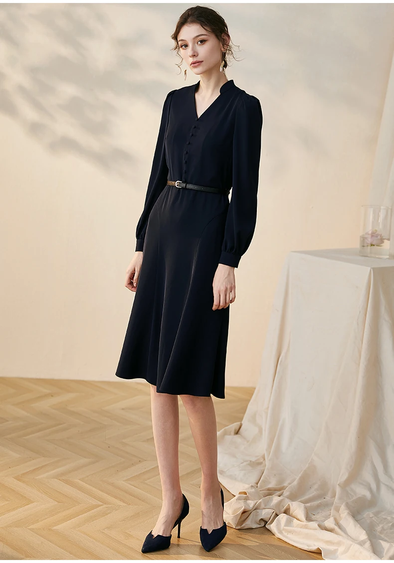Intellectual OL simple dress female 2020 new temperament dark blue slim skirt