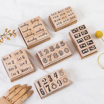 

6 design month day letters numbers wood stamps for DIY scrapbooking home notebook decoration craft