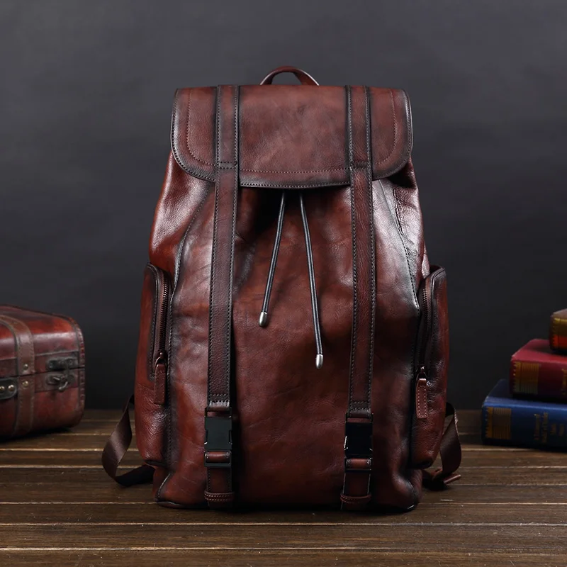 Full Cowhide Leather Men Backpack Large Capacity Laptop bag male Travel Backpacks Fashion Computer Schoolbag Drawstring backpack