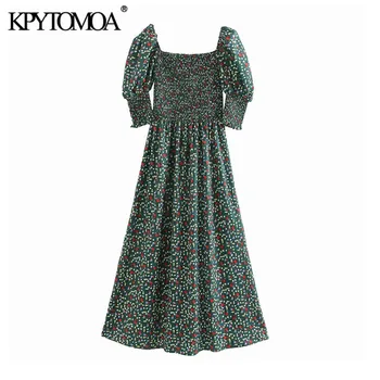 

Vintage Stylish Floral Print Smocked Elastic Midi Dress Women 2020 Fashion Square Collar Half Sleeve Female Dresses Vestidos