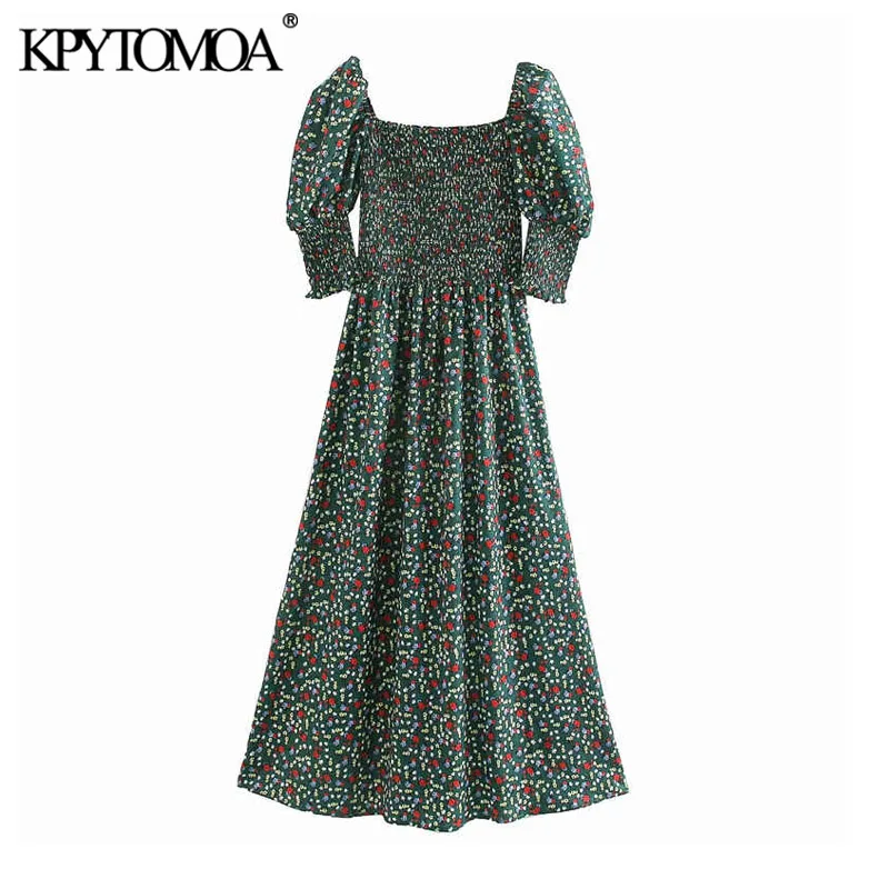 Vintage Stylish Floral Print Smocked Elastic Midi Dress Women 2020 Fashion Square Collar Half Sleeve Female Dresses Vestidos Vintage Stylish Floral Print Smocked Elastic Midi Dress Women 2020 Fashion Square Collar Half Sleeve Female Dresses Vestidos