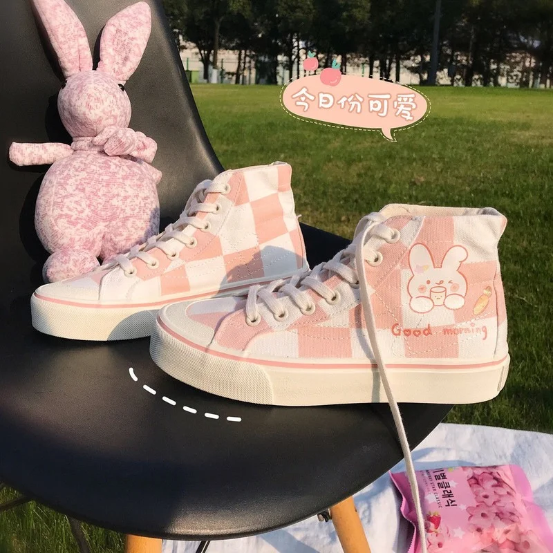 Women's Sports Shoes Anime Kawaii Pink Rabbit Lolita Canvas Flats Female 2021 New Casual Tennis Basketball Vulcanized Sneakers | Обувь