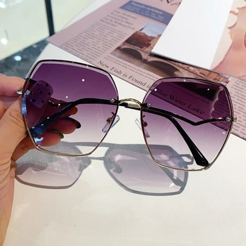 

New Polygon Alloy Square Sunglasses For Women Vintage Chic Bend Leg Elegant Sun Glasses Female Cutting Rimless Gradient Shades