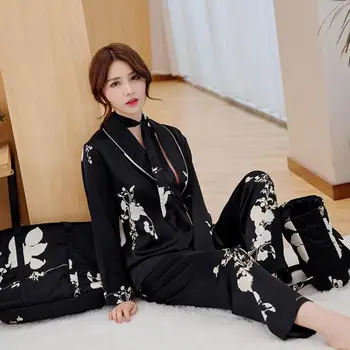 

Sleeping Wear Two Piece eastical Women Satin Pajamas Set Long Sleeve Nightwear Printed Loungewear Pyjama new loose пижама