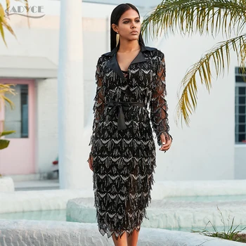 

Adyce 2020 New Spring Women Long Sleeve Sequined Female Fashion Club Coats Sexy V Neck Black Celebrity Evening Party Trench Coat