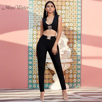 

Miss Water 2020 New Summer Women Black 2 Two Pieces Set Sexy V Neck Sleeveless Tank&Pants Sets Club Celebrity Evening Party Sets