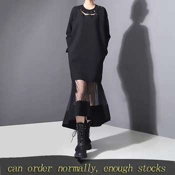 

[DEAT] Women Black Hollow Out Dot Mesh Two Piece Dress New Round Neck Long Sleeve Loose Fit Fashion Spring Autumn 2020 JO26601