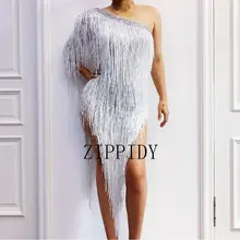 Белое платье с кисточками на одно плечо, стразы, платье для выпускного вечера, платье для певицы, платье для танцев, платье с бахромой на день рождения