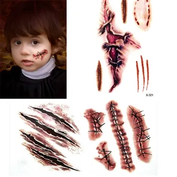 

Halloween Tattoo Sticker Waterproof Skull Head Tooth Scar Facial Body Fake Temporary Tattoo All Saints' Day Dress Up Accessories