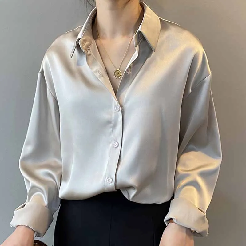 Women Vintage Fashion Button Up Satin Shirt Silk Korean Office Ladies ...