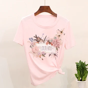 

Women 3D Embroidery Bead T-shirt Female O-Neck Short Sleeve Appliques Flower Ladies T-shirts 2020 Summer Sweet Casual Tops