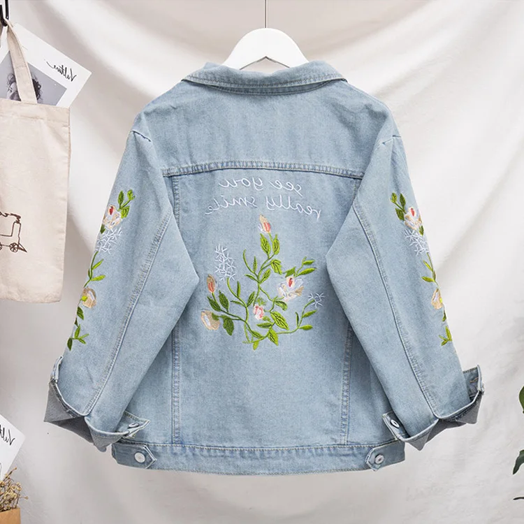 

2019 Large Size WOMEN'S Dress Jacket Autumn New Style Fashion Fat Mm Embroidered Stand Collar Mid-length Jeans Coat Women's