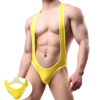 

Sexy Men Undershirt Leather Bodysuit Wrestling Singlet Open Butt Bikini Jumpsuit Suspender Teddies Underwear One-Piece Bodysuit