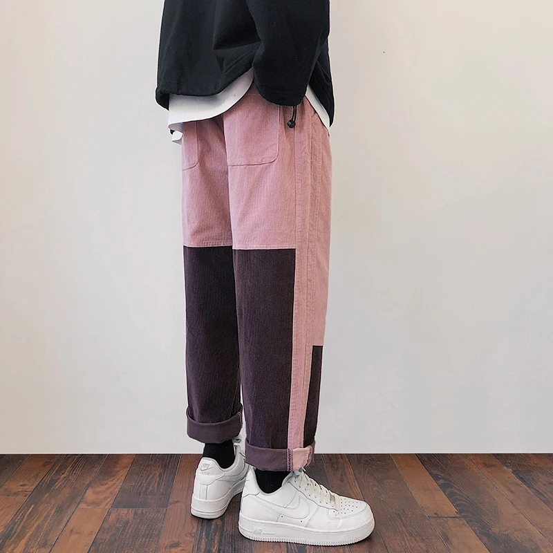 pink colour Мужские вельветовые повседневные брюки с цветным соединением, свободные брюки, активный эластичный розовый/черный цвет, спортивные штаны для бега, M-5XL - Цвет: pink colour