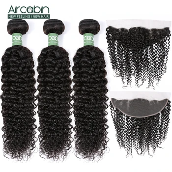 

Aircabin Kinky Curly 3 Bundles with 13x4 Frontal Closure Brazilian Hair with Lace Frontal Remy Hair Extensions Natural Black