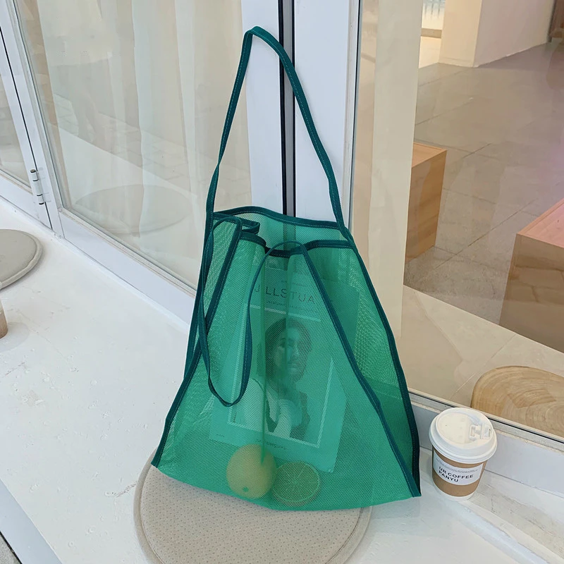 

Fashion Shopping Bag Women Mesh Handbag Foldable Ladies Shoulder Bags Reusable Daily Use Beach Bag Designer Light Casual Totes