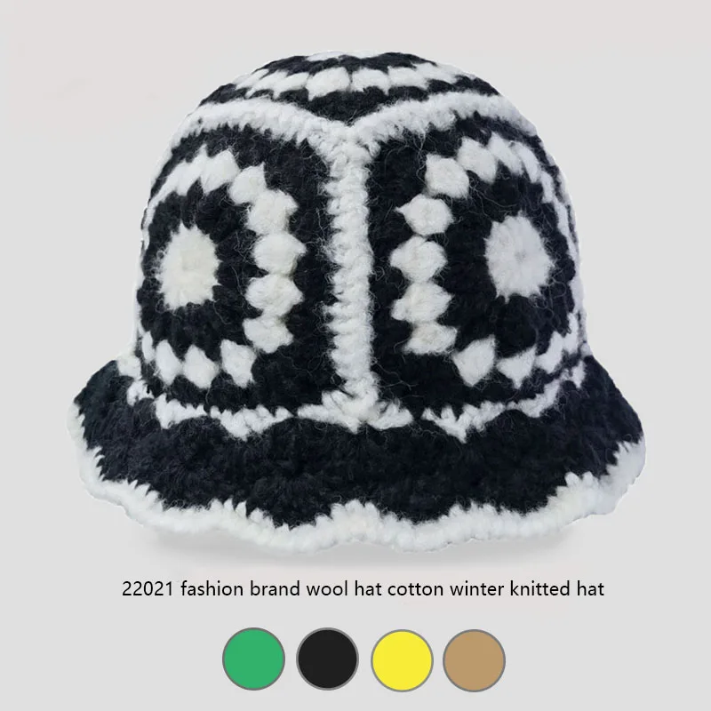 

2021 New Panama women fashion brand wool hats pure cotton Winter hat foldable Hollow Crochet Knitting multicolor Bucket hat