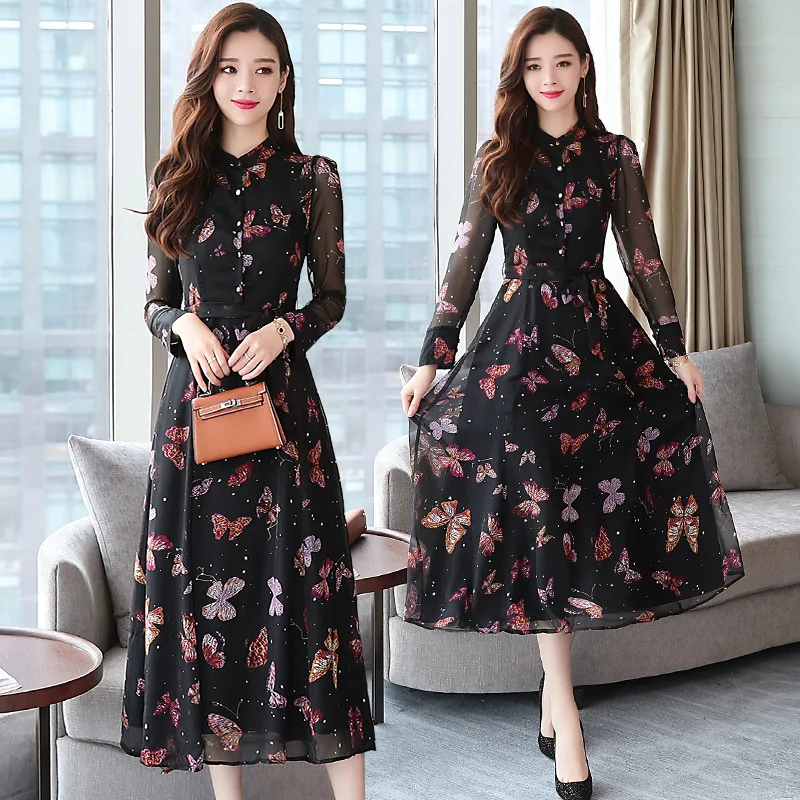 

2018 Spring And Summer New Style WOMEN'S Dress Korean-style Waist Hugging Slimming Big Hemline over-the-Knee Long Skirts Printed