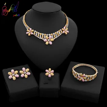 

Yulaili Gold Color Flower Shape Crystal Necklace Earrings African Party Nigeria Wedding Accessories Jewelry Sets