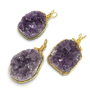 

Natural Stone Amethysts Pendant Gold Color manual line irregular shape Pendants for Jewelry Making DIY necklace accessories