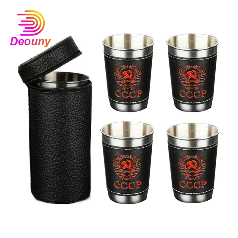 4Pcs CCCP Stainless Steel Wine Glasses Shot Cup Drinking Portable Mug Leather Cover Bag Case Outdoor Hip Flask Bar Sets