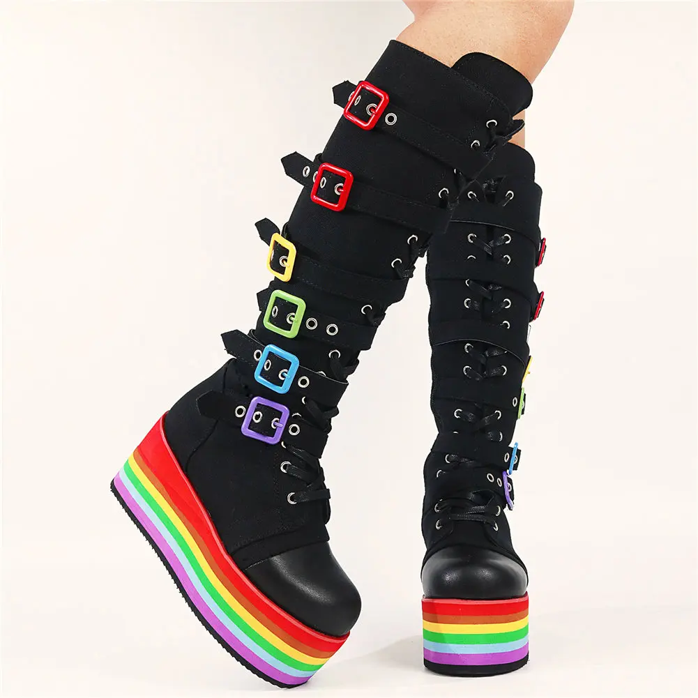 Brand Design Big Size 43 Black Gothic Style Cool Punk Motorcycles Boots Female Platform Wedges High Heels Calf Boots Women Shoes 
