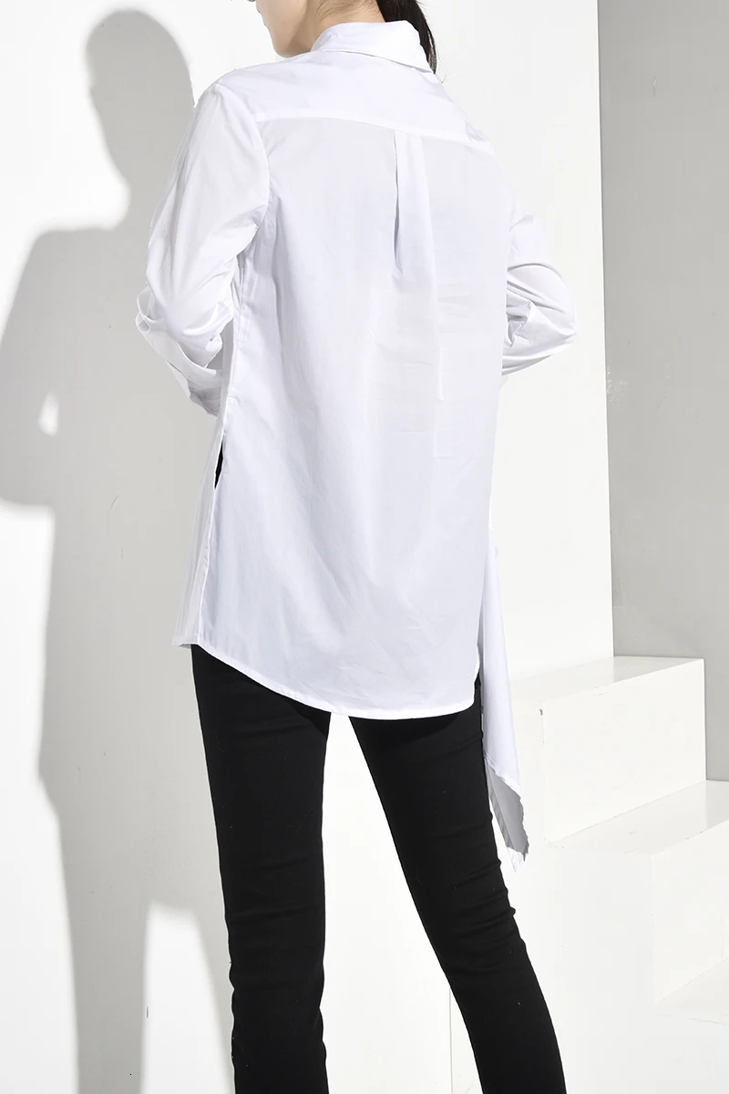 [EAM] Женская белая Асимметричная блузка с разрезом, новая свободная рубашка с отворотом и длинным рукавом, модная весенняя Осенняя 1A1920
