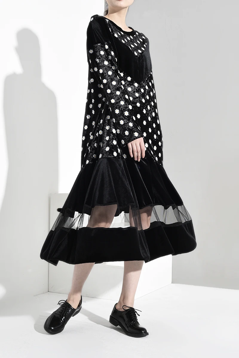 [EAM] женское черное бархатное платье с цветочным принтом большого размера, новинка, круглый вырез, длинный рукав, свободный крой, Мода весна-осень 1B046