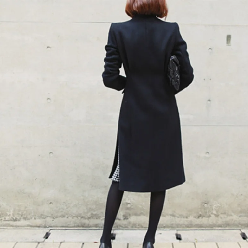 Женское элегантное зимнее шерстяное черное повседневное пальто, длинное двубортное шерстяное пальто размера плюс, Manteau Femme Hiver