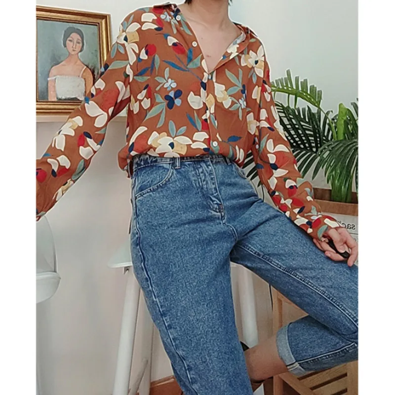 

New Spring Autumn Shirt Vintage Old Print Women Long Sleeve Female Casual Loose Blouse Tops