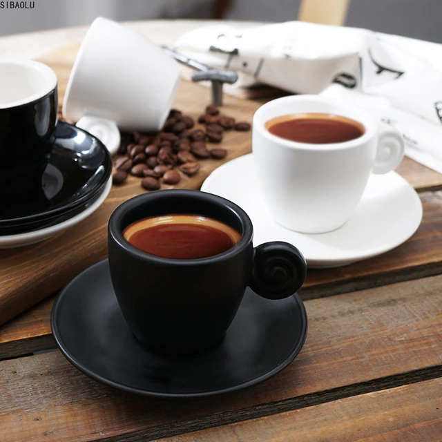 Espresso Cups With Saucers, Matte Black and White, Handmade