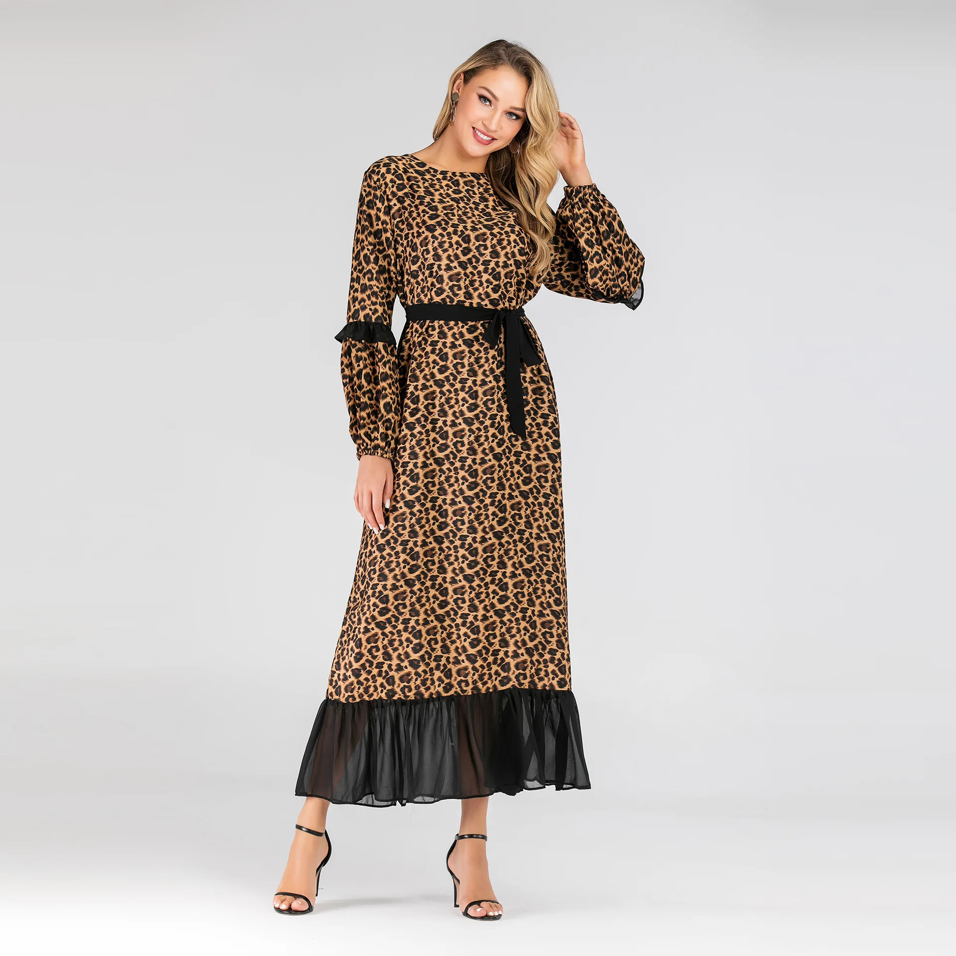 

New arrivals leopard print Muslim long dresses with belt