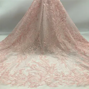 

Pink Handmade Beads Lace Latest African Lace Fabric Embroidery French Nigerian Mesh Tulle Lace Fabrics for Party