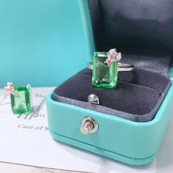 

TSHOU377 fashion green 925 Sterling Silver Ring necklace set For Women zircon square wdding Engagement Ring necklace set