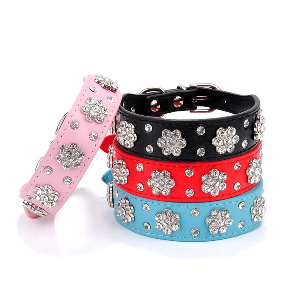 

Rhinestone PU Leather Cat Collar Fashion Pet Kitten Necklace Bling Crystal Studded Cat Collars Pink Red For Small Medium