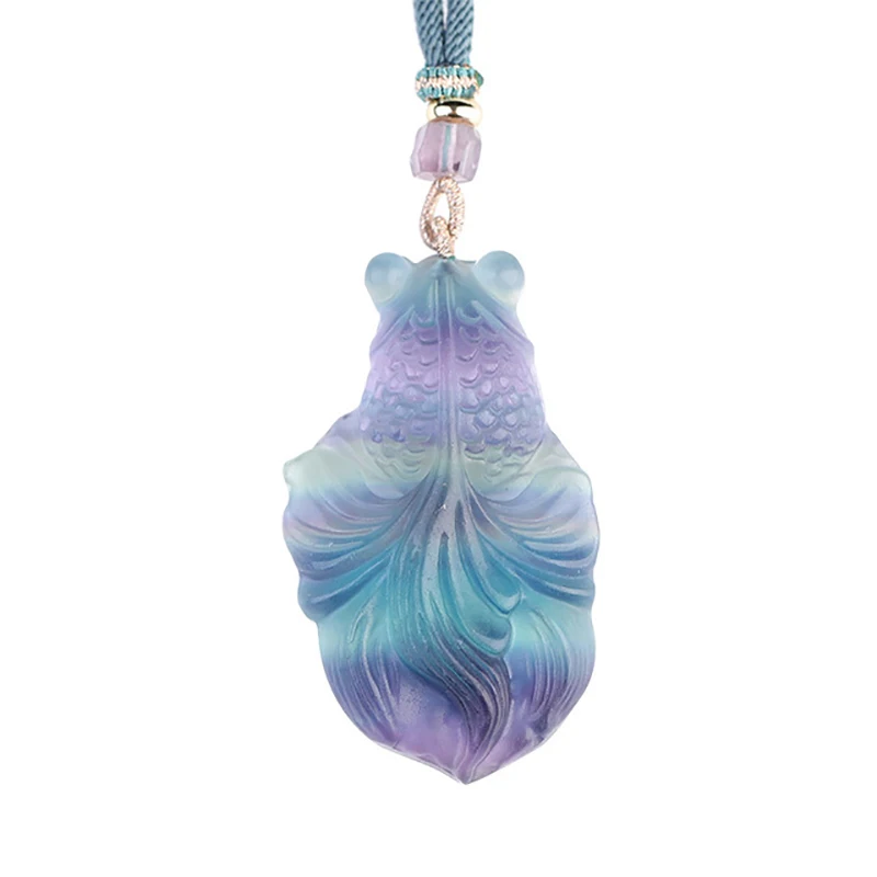 

Fine Natural fluorite Stone Pendants Carved Gold Fish Pendant Sweater Chain Necklace Luck for Women Men Noble Jewelry